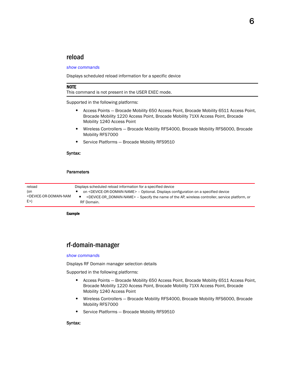 Reload, Rf-domain-manager | Brocade Mobility RFS Controller CLI Reference Guide (Supporting software release 5.5.0.0 and later) User Manual | Page 509 / 1355