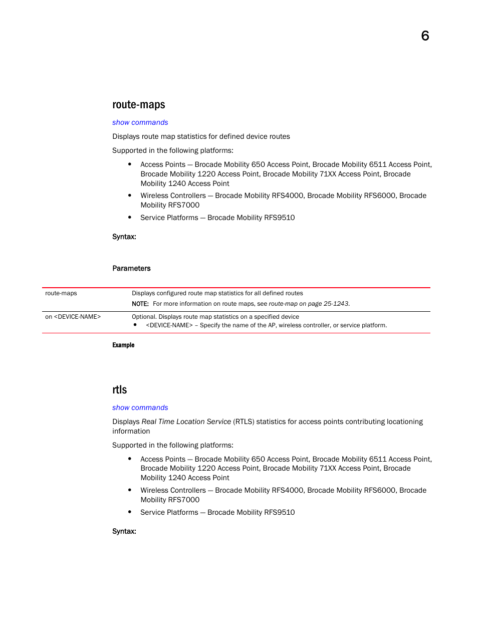 Route-maps, Rtls | Brocade Mobility RFS Controller CLI Reference Guide (Supporting software release 5.5.0.0 and later) User Manual | Page 511 / 1355