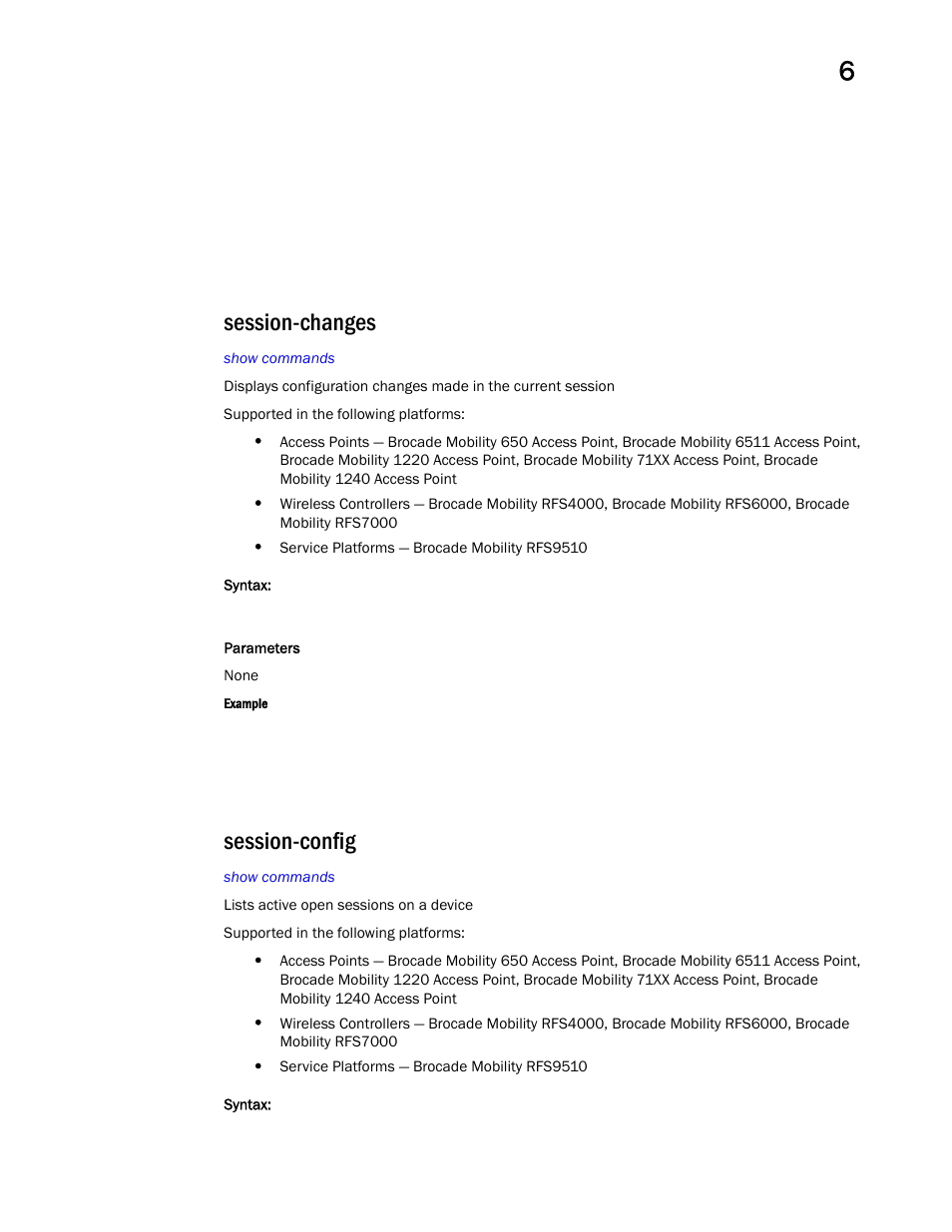 Session-changes, Session-config | Brocade Mobility RFS Controller CLI Reference Guide (Supporting software release 5.5.0.0 and later) User Manual | Page 517 / 1355