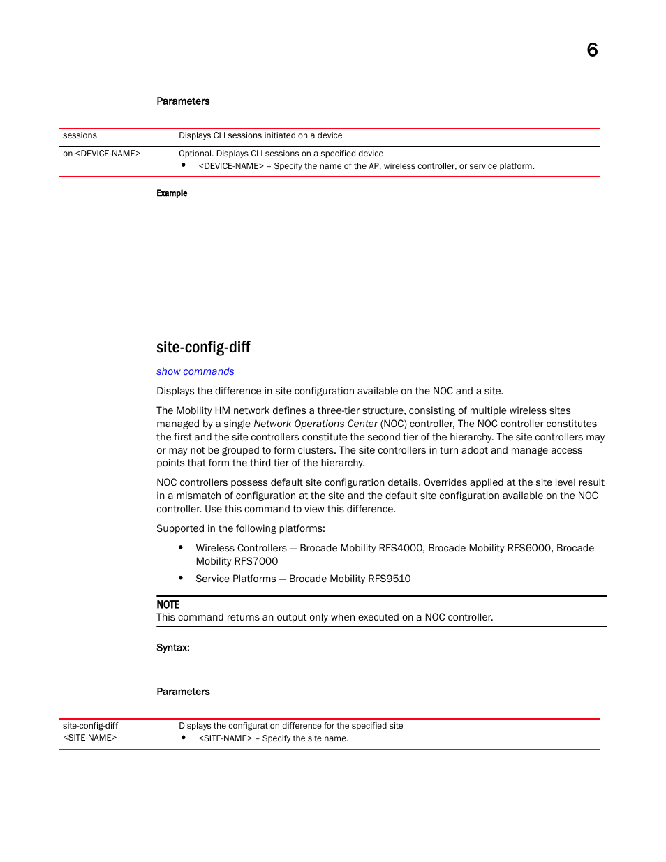 Site-config-diff | Brocade Mobility RFS Controller CLI Reference Guide (Supporting software release 5.5.0.0 and later) User Manual | Page 519 / 1355