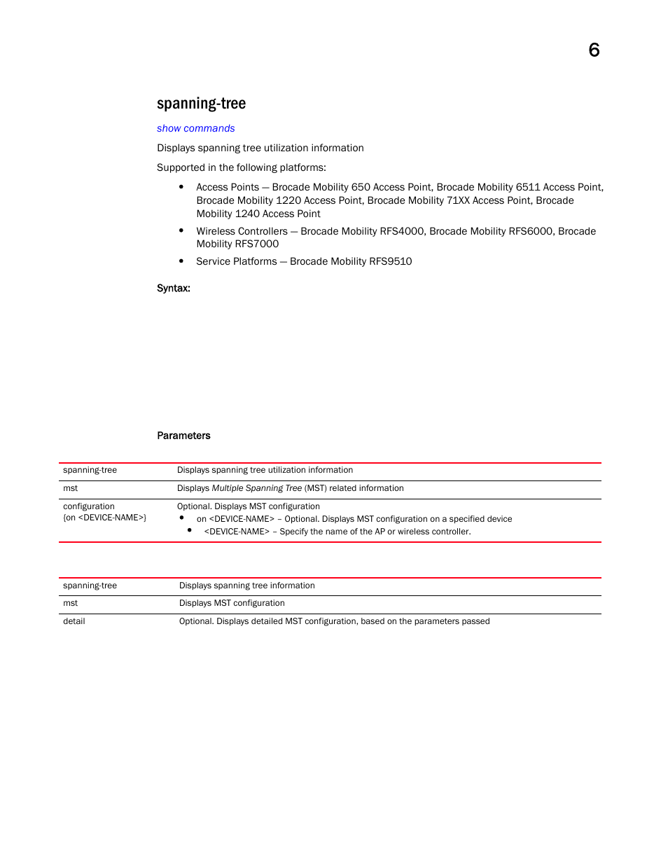 Spanning-tree | Brocade Mobility RFS Controller CLI Reference Guide (Supporting software release 5.5.0.0 and later) User Manual | Page 523 / 1355