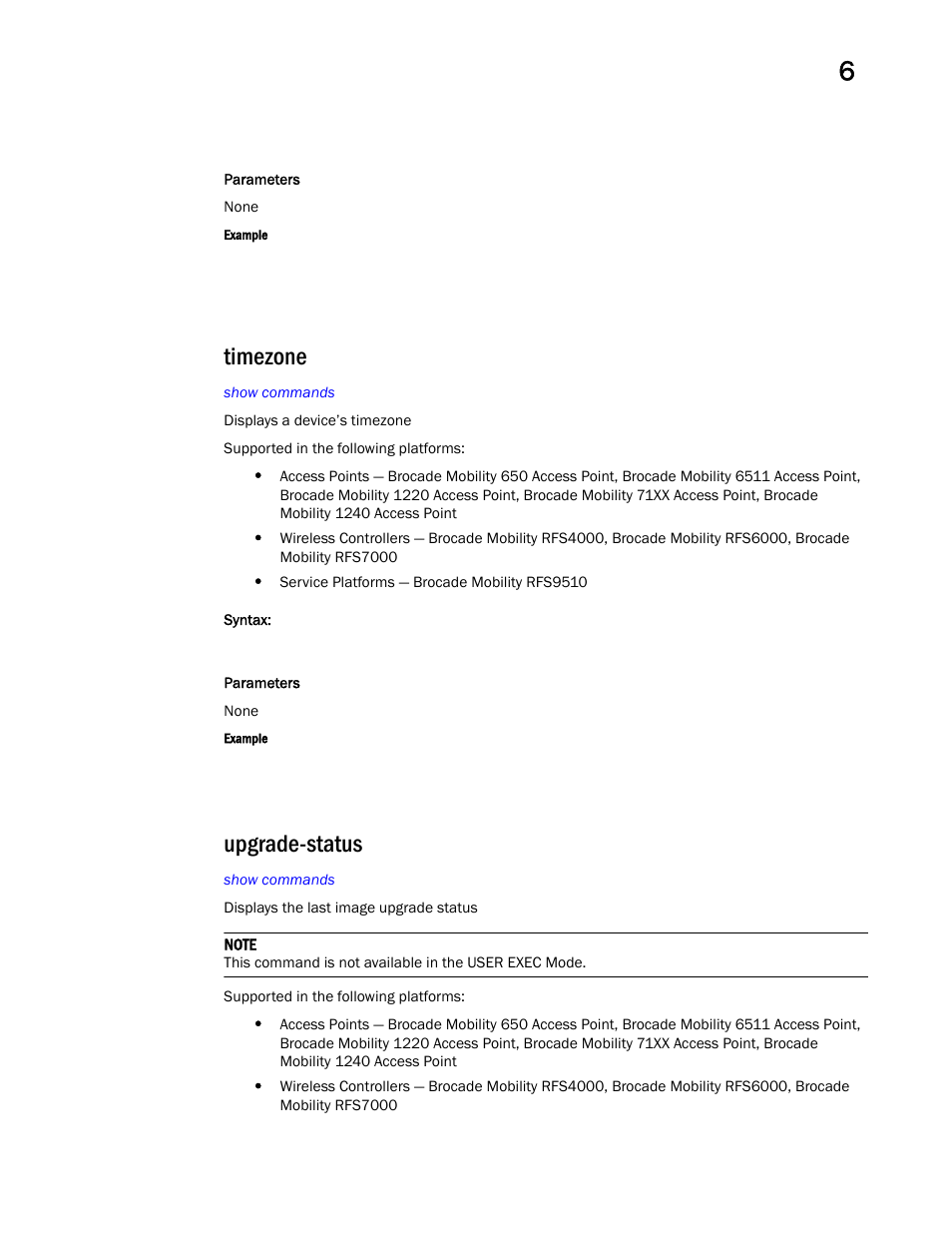 Timezone, Upgrade-status | Brocade Mobility RFS Controller CLI Reference Guide (Supporting software release 5.5.0.0 and later) User Manual | Page 527 / 1355