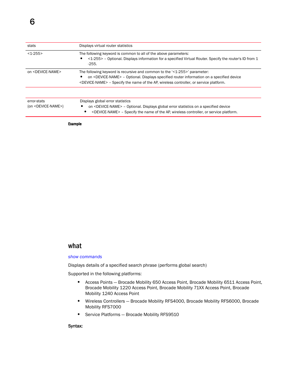 What | Brocade Mobility RFS Controller CLI Reference Guide (Supporting software release 5.5.0.0 and later) User Manual | Page 530 / 1355