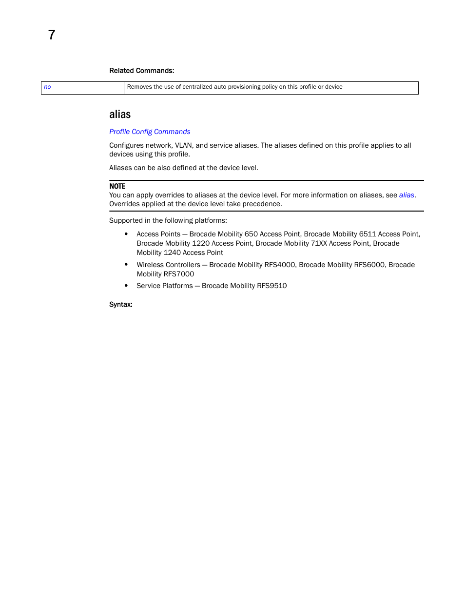 Alias | Brocade Mobility RFS Controller CLI Reference Guide (Supporting software release 5.5.0.0 and later) User Manual | Page 559 / 1355