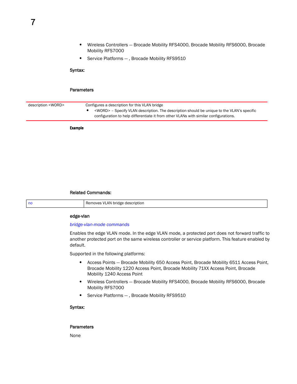 Edge-vlan | Brocade Mobility RFS Controller CLI Reference Guide (Supporting software release 5.5.0.0 and later) User Manual | Page 575 / 1355