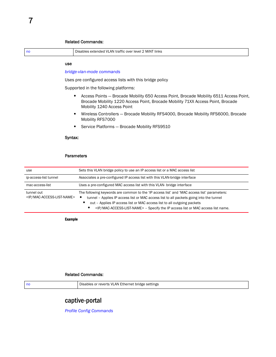 Captive-portal | Brocade Mobility RFS Controller CLI Reference Guide (Supporting software release 5.5.0.0 and later) User Manual | Page 585 / 1355