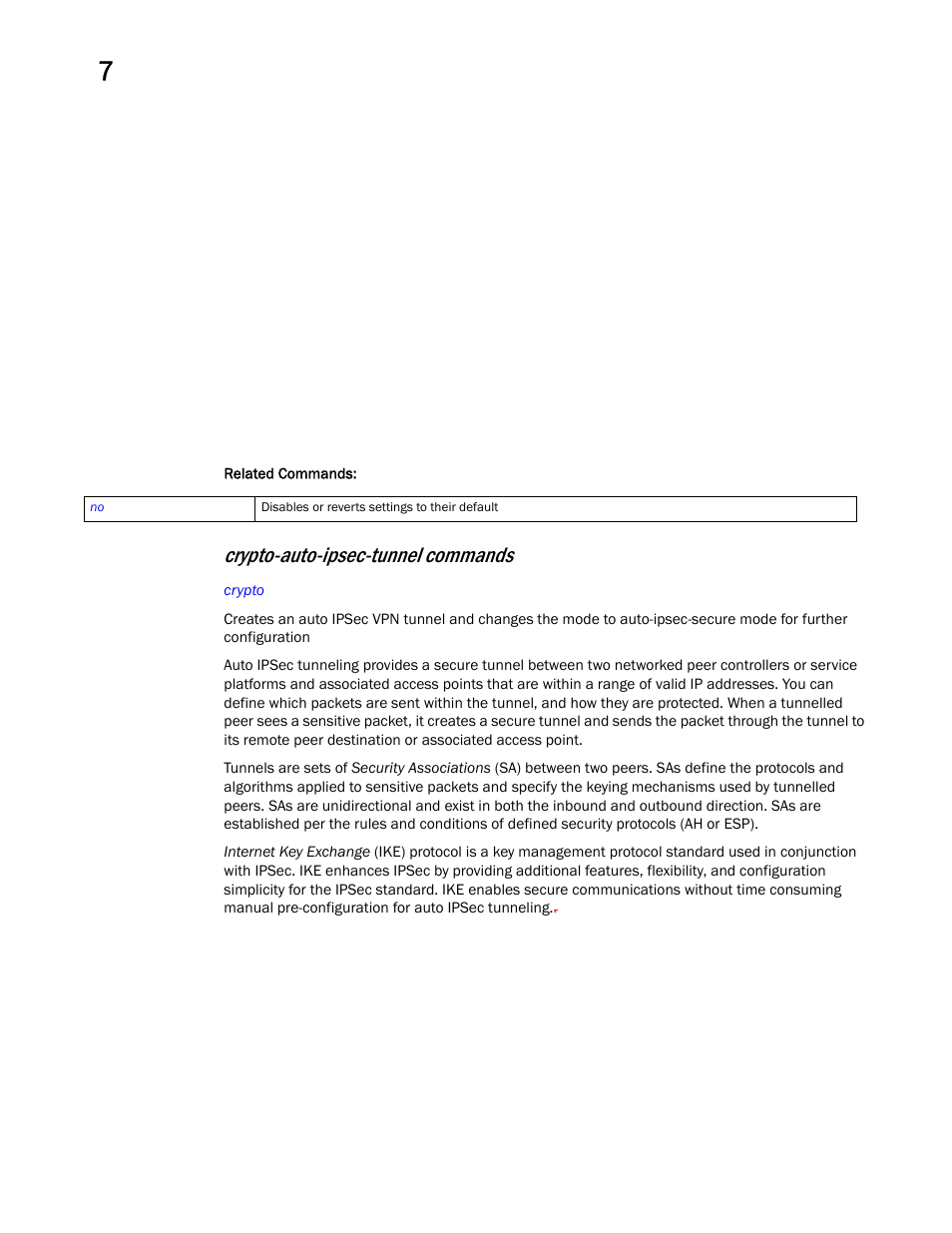 Crypto-auto-ipsec-tunn el commands, Crypto-auto-ipsec-tunnel commands | Brocade Mobility RFS Controller CLI Reference Guide (Supporting software release 5.5.0.0 and later) User Manual | Page 601 / 1355