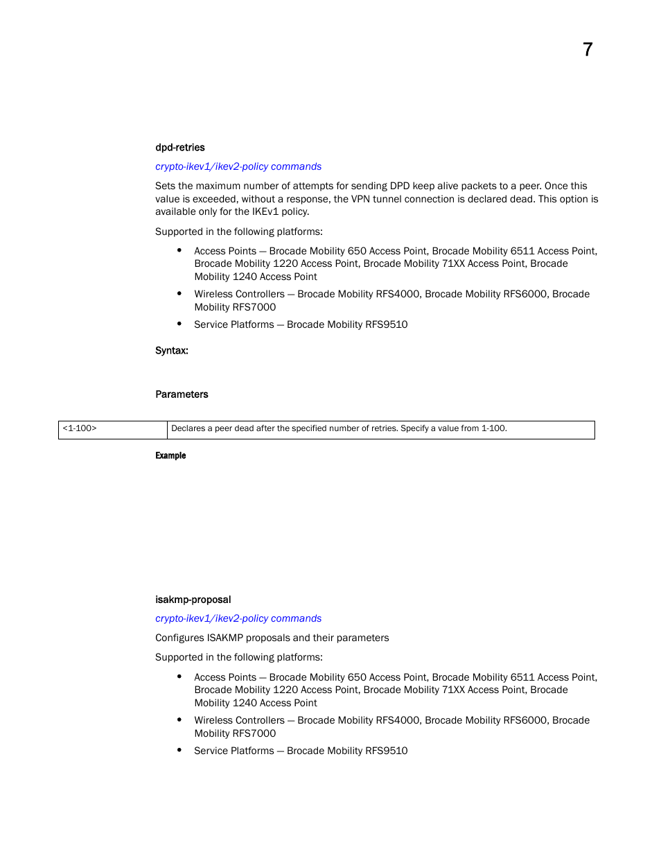 Dpd-retries, Isakmp-proposal | Brocade Mobility RFS Controller CLI Reference Guide (Supporting software release 5.5.0.0 and later) User Manual | Page 610 / 1355