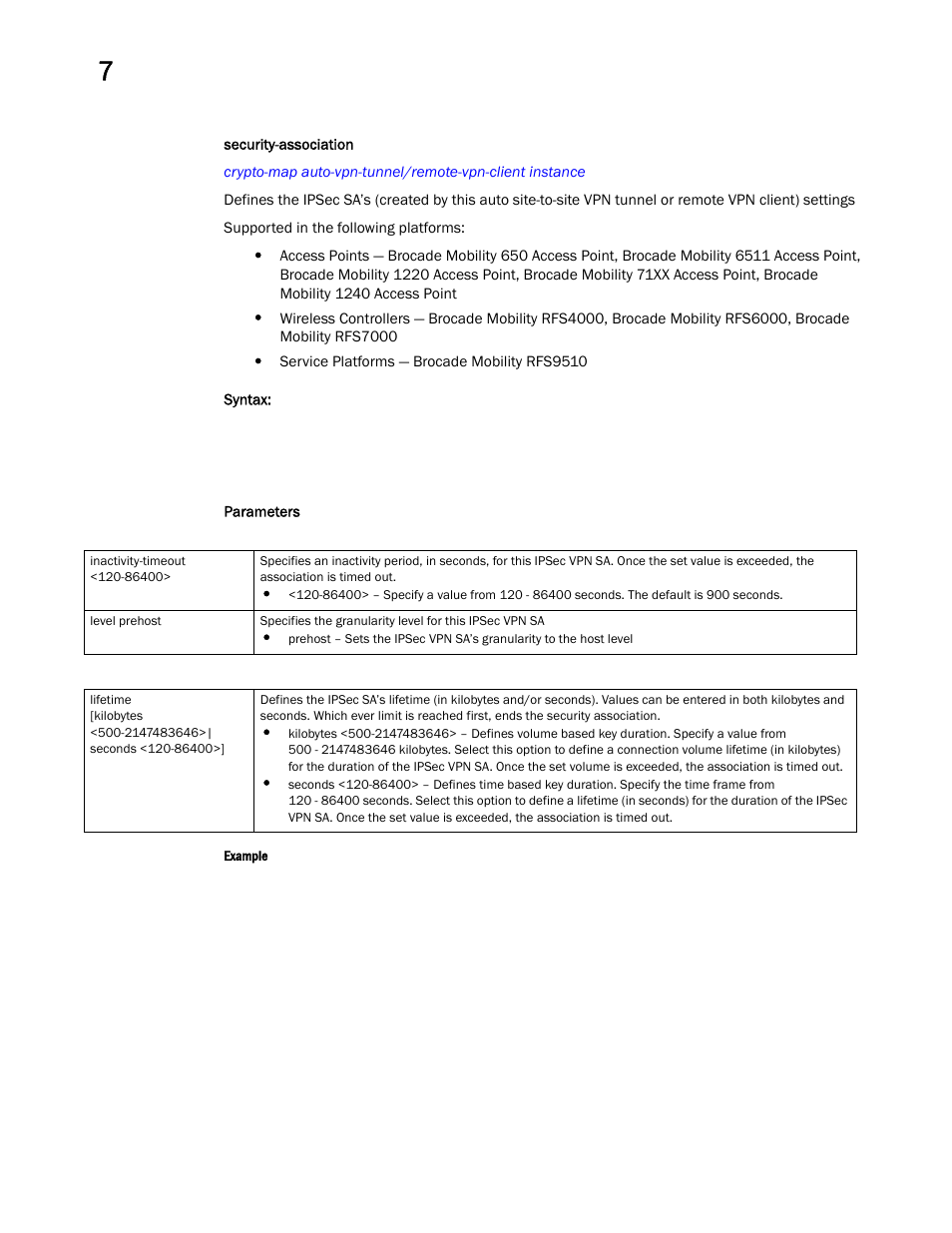 Security-association | Brocade Mobility RFS Controller CLI Reference Guide (Supporting software release 5.5.0.0 and later) User Manual | Page 629 / 1355