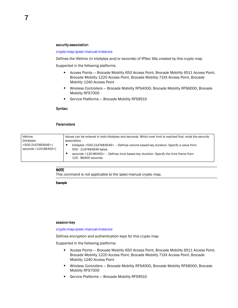 Security-association, Session-key | Brocade Mobility RFS Controller CLI Reference Guide (Supporting software release 5.5.0.0 and later) User Manual | Page 637 / 1355