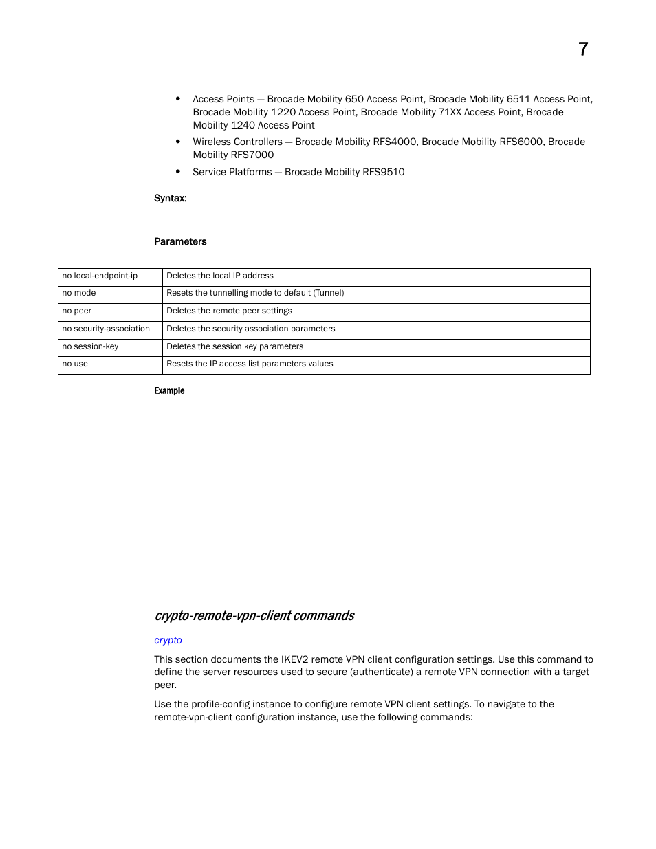 Crypto-remote-vpn-clie nt commands, Crypto-remote-vpn-client commands | Brocade Mobility RFS Controller CLI Reference Guide (Supporting software release 5.5.0.0 and later) User Manual | Page 640 / 1355