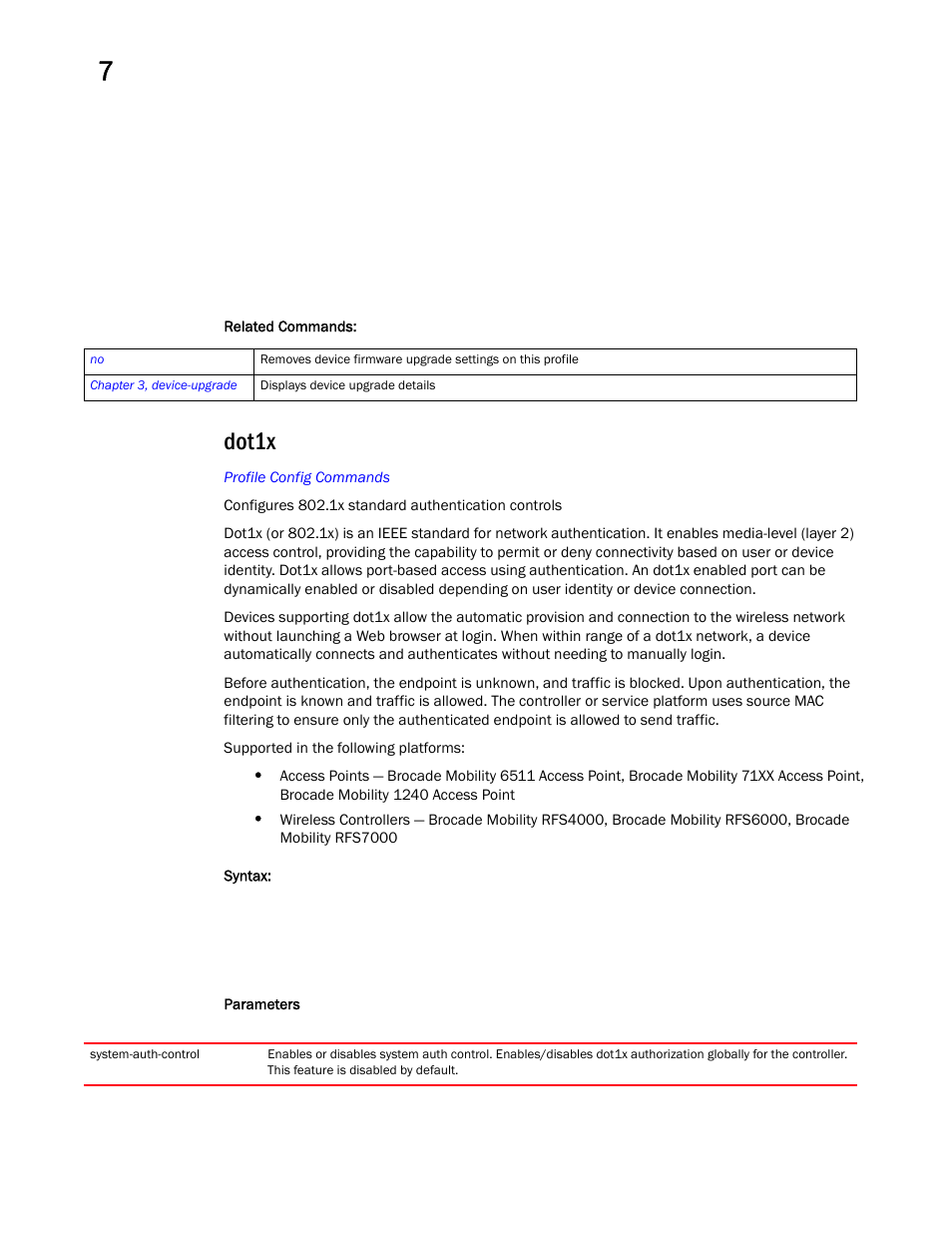 Dot1x | Brocade Mobility RFS Controller CLI Reference Guide (Supporting software release 5.5.0.0 and later) User Manual | Page 647 / 1355