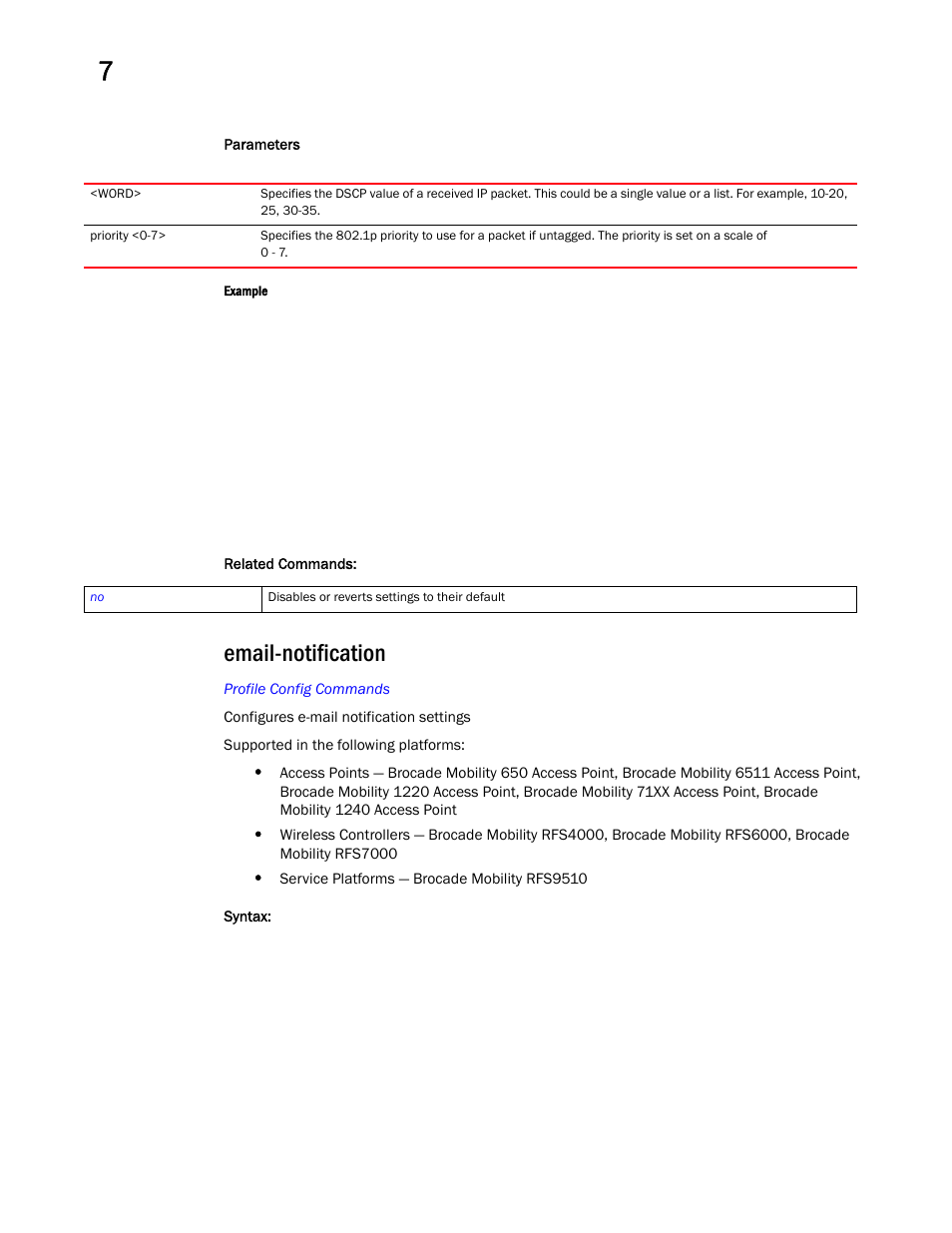 Email-notification | Brocade Mobility RFS Controller CLI Reference Guide (Supporting software release 5.5.0.0 and later) User Manual | Page 649 / 1355