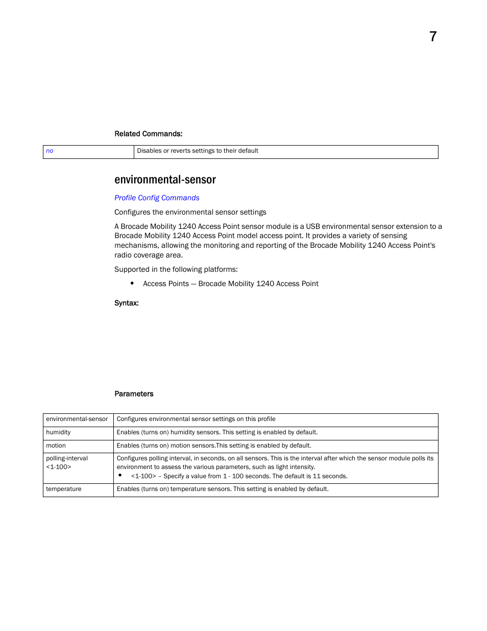 Environmental-sensor, Environmental-senso r | Brocade Mobility RFS Controller CLI Reference Guide (Supporting software release 5.5.0.0 and later) User Manual | Page 652 / 1355