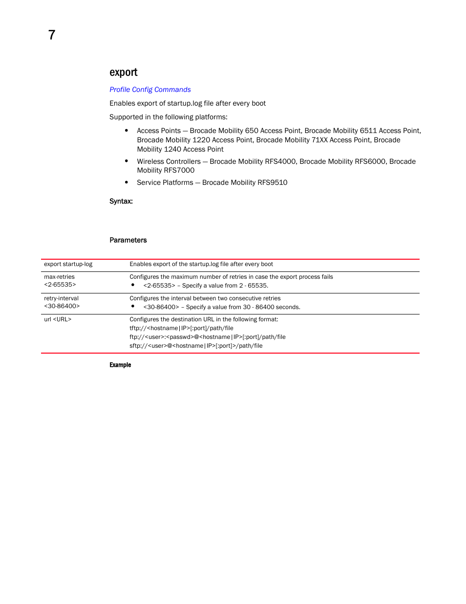 Export | Brocade Mobility RFS Controller CLI Reference Guide (Supporting software release 5.5.0.0 and later) User Manual | Page 655 / 1355