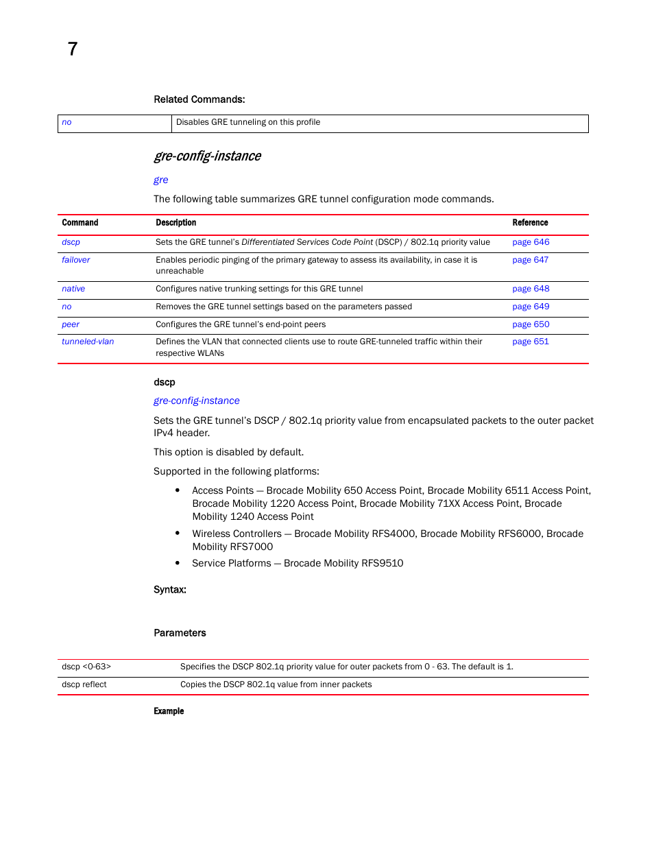 Gre-config-instance | Brocade Mobility RFS Controller CLI Reference Guide (Supporting software release 5.5.0.0 and later) User Manual | Page 659 / 1355