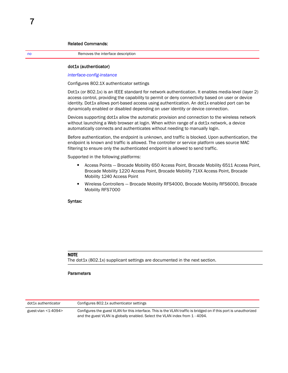 Dot1x (authenticator) | Brocade Mobility RFS Controller CLI Reference Guide (Supporting software release 5.5.0.0 and later) User Manual | Page 673 / 1355