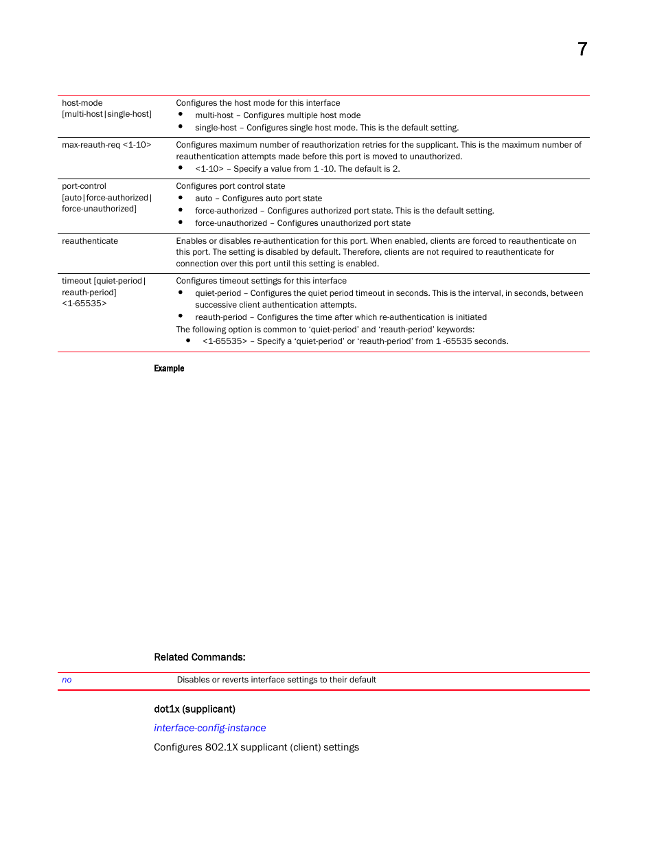 Dot1x (supplicant) | Brocade Mobility RFS Controller CLI Reference Guide (Supporting software release 5.5.0.0 and later) User Manual | Page 674 / 1355