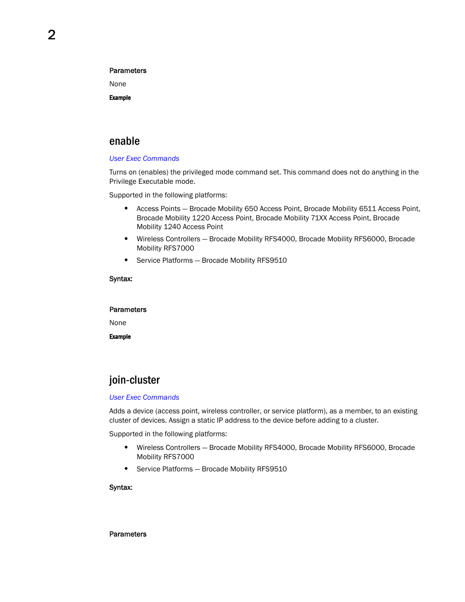 Enable, Join-cluster | Brocade Mobility RFS Controller CLI Reference Guide (Supporting software release 5.5.0.0 and later) User Manual | Page 68 / 1355