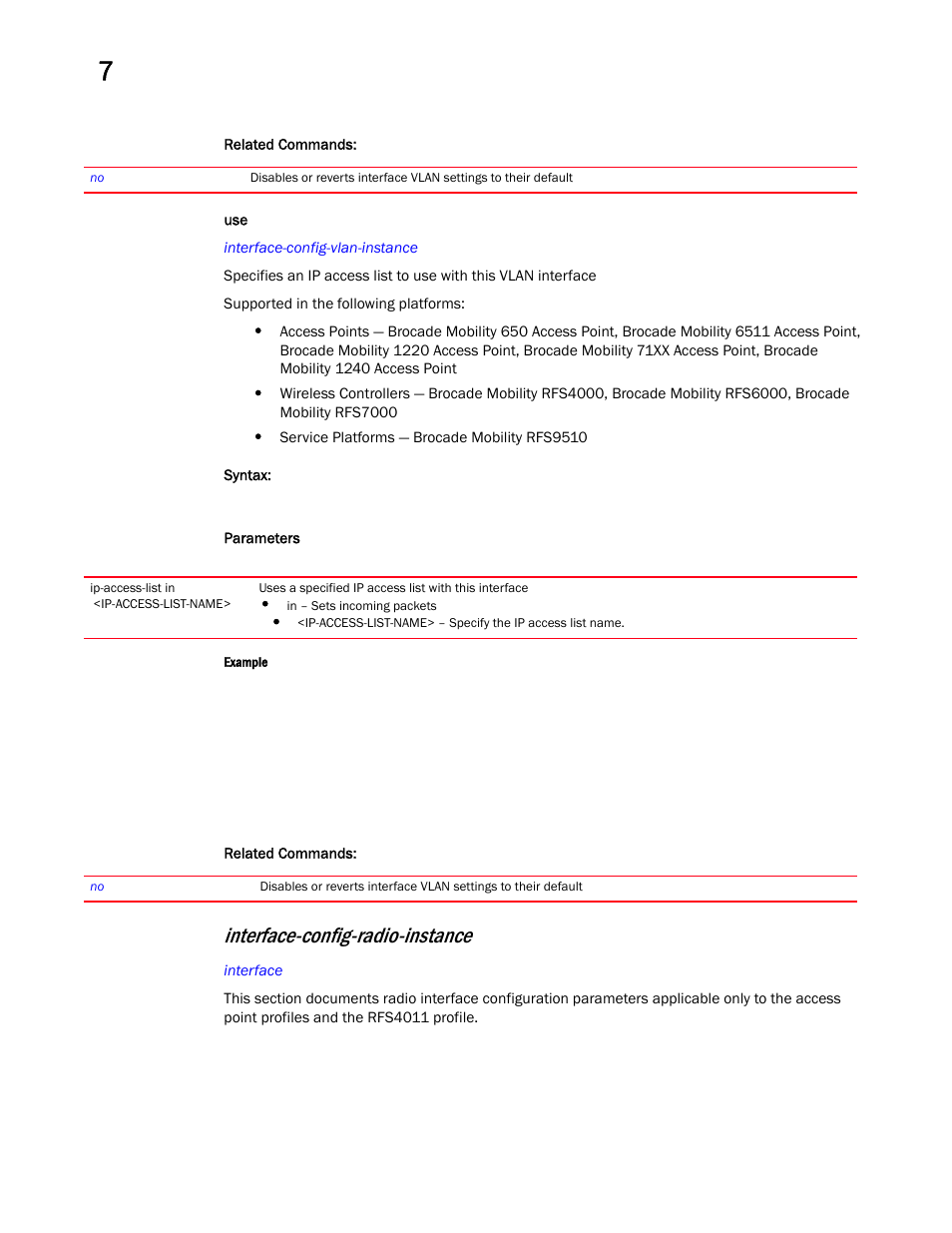 Interface-config-radio-i nstance, Interface-config-radio-instance | Brocade Mobility RFS Controller CLI Reference Guide (Supporting software release 5.5.0.0 and later) User Manual | Page 697 / 1355