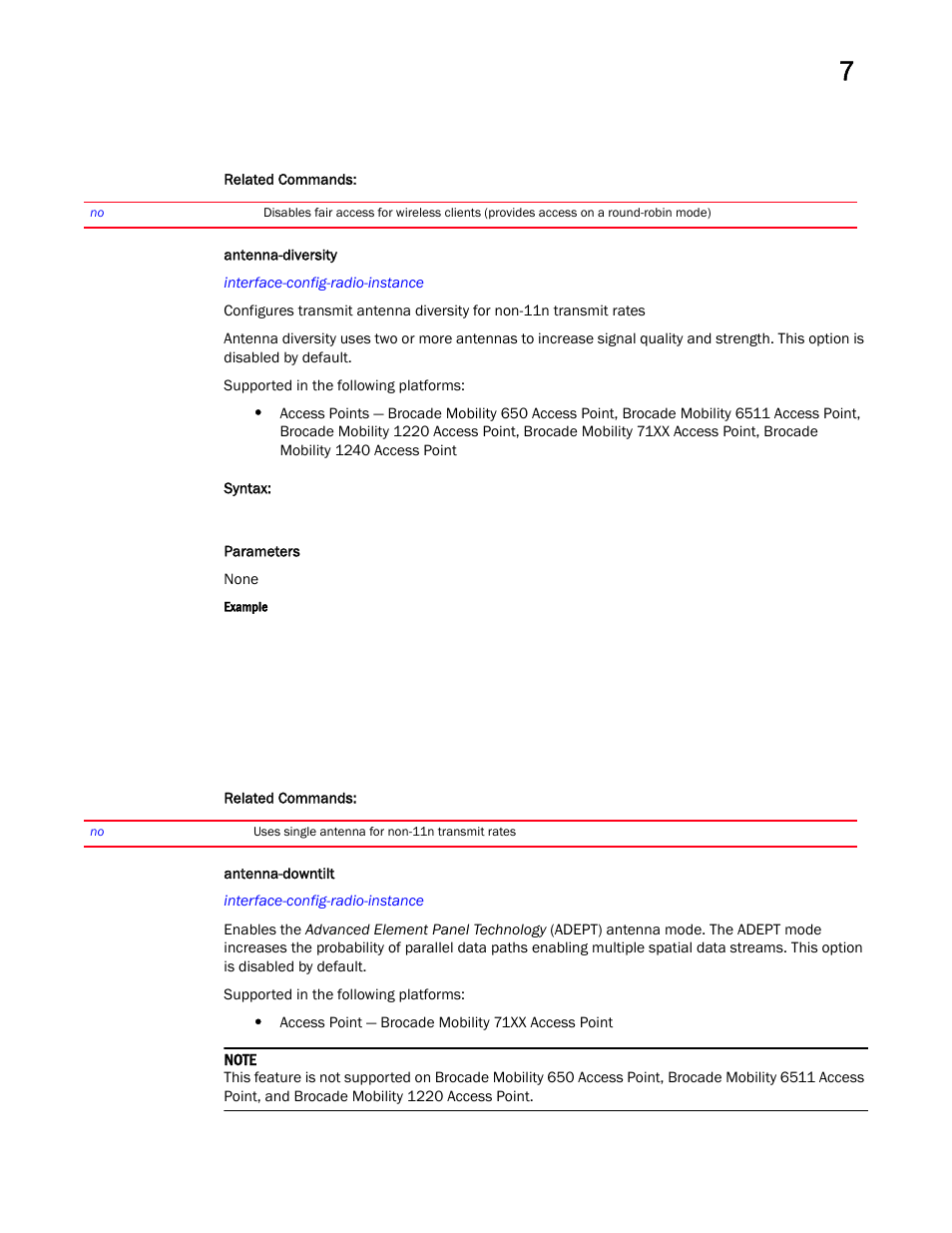 Antenna-diversity, Antenna-downtilt | Brocade Mobility RFS Controller CLI Reference Guide (Supporting software release 5.5.0.0 and later) User Manual | Page 704 / 1355