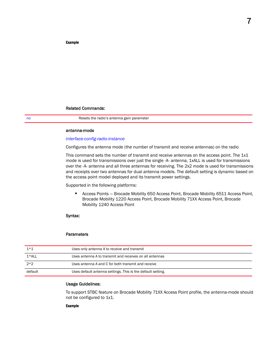 Antenna-mode | Brocade Mobility RFS Controller CLI Reference Guide (Supporting software release 5.5.0.0 and later) User Manual | Page 706 / 1355