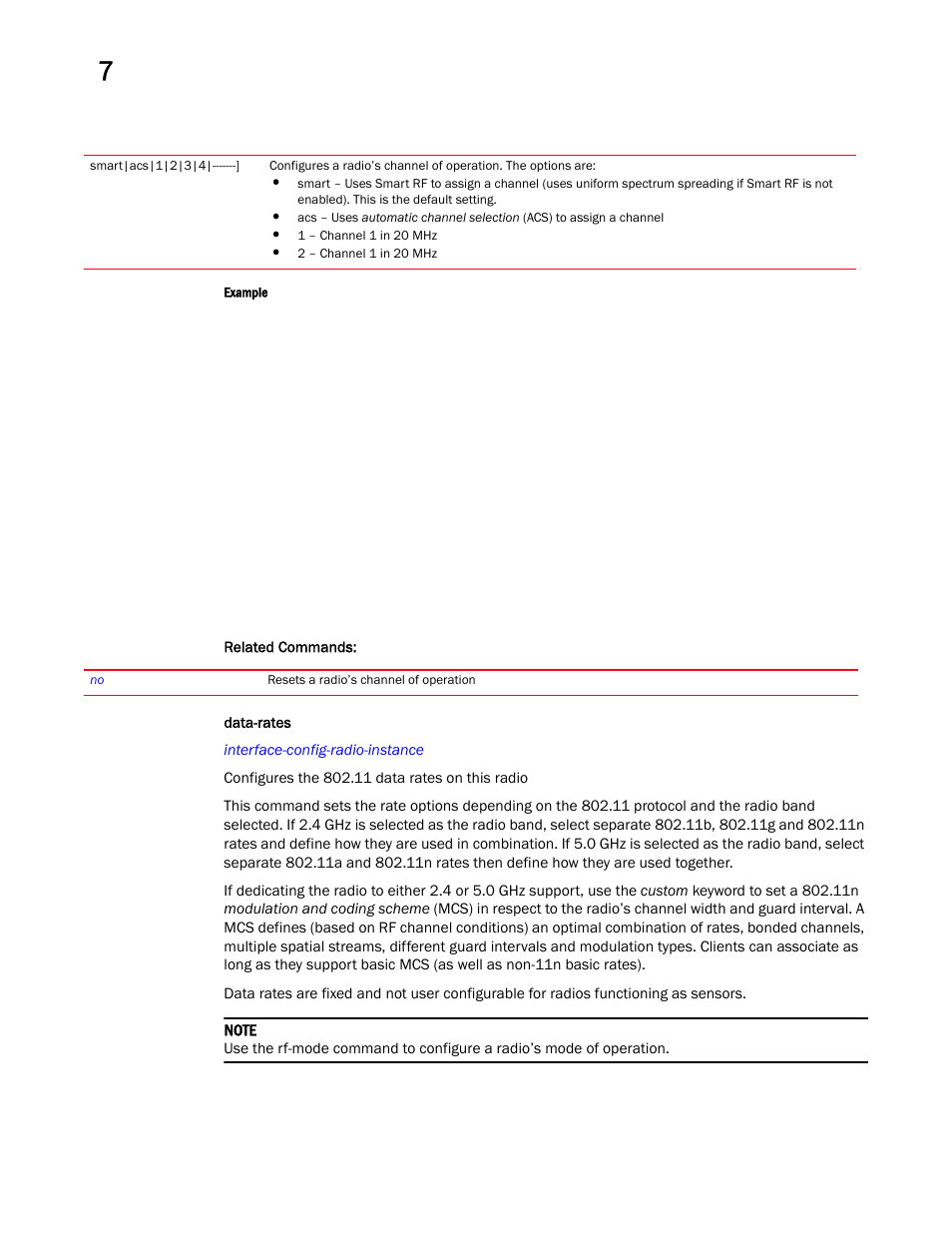 Data-rates | Brocade Mobility RFS Controller CLI Reference Guide (Supporting software release 5.5.0.0 and later) User Manual | Page 709 / 1355