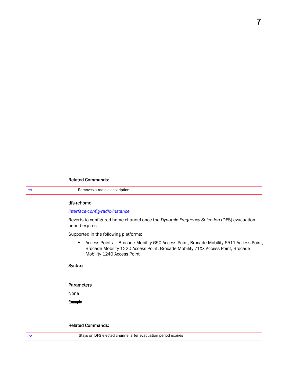 Dfs-rehome | Brocade Mobility RFS Controller CLI Reference Guide (Supporting software release 5.5.0.0 and later) User Manual | Page 714 / 1355