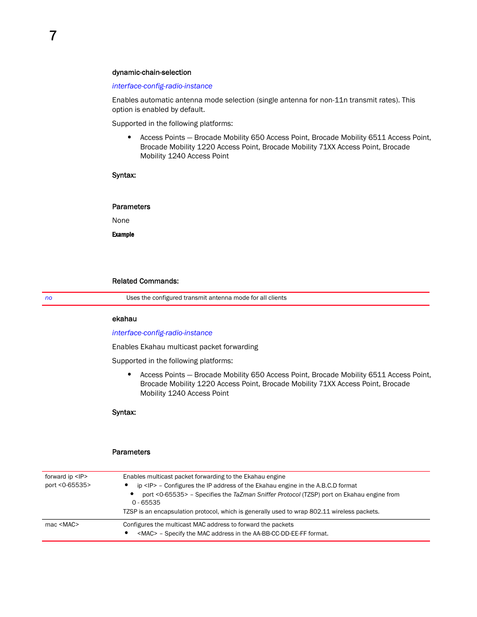 Dynamic-chain-selecti on, Ekahau | Brocade Mobility RFS Controller CLI Reference Guide (Supporting software release 5.5.0.0 and later) User Manual | Page 715 / 1355