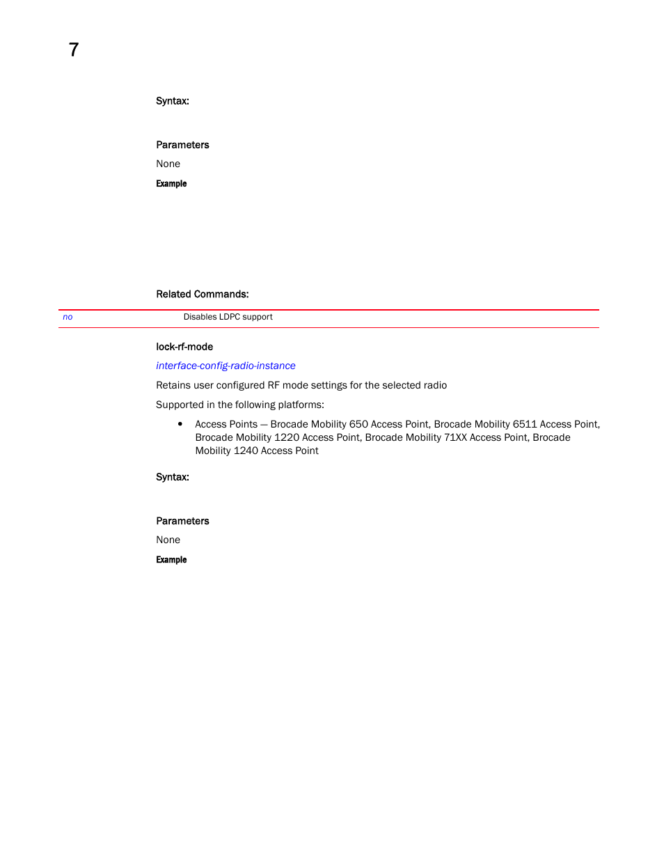 Lock-rf-mode | Brocade Mobility RFS Controller CLI Reference Guide (Supporting software release 5.5.0.0 and later) User Manual | Page 719 / 1355