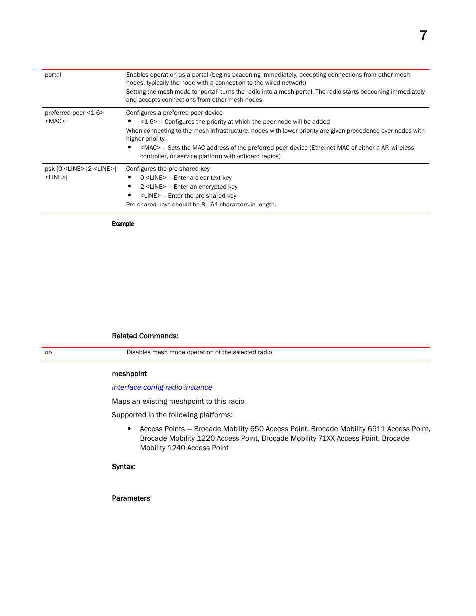 Meshpoint | Brocade Mobility RFS Controller CLI Reference Guide (Supporting software release 5.5.0.0 and later) User Manual | Page 722 / 1355