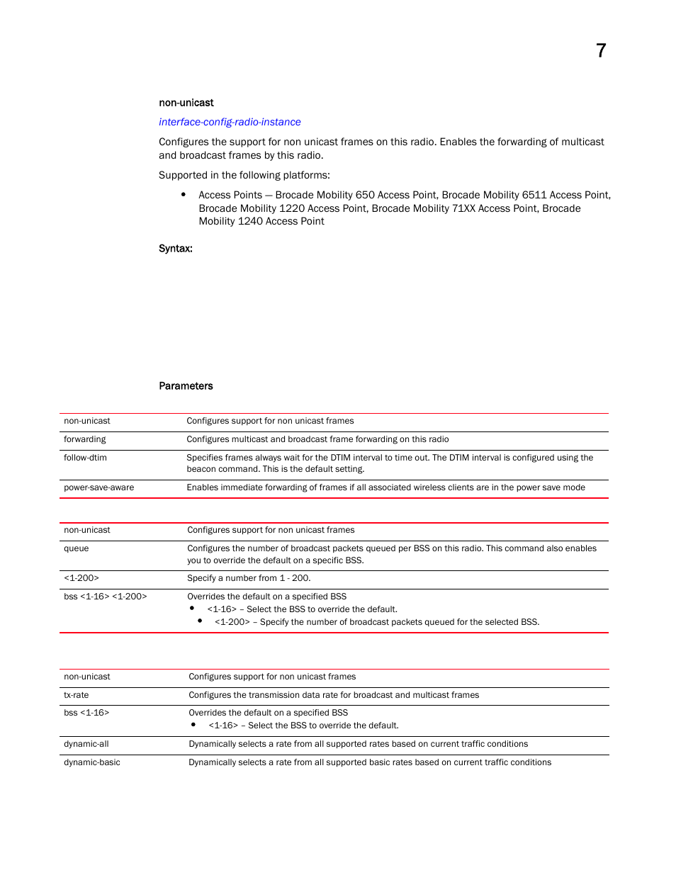 Non-unicast | Brocade Mobility RFS Controller CLI Reference Guide (Supporting software release 5.5.0.0 and later) User Manual | Page 726 / 1355