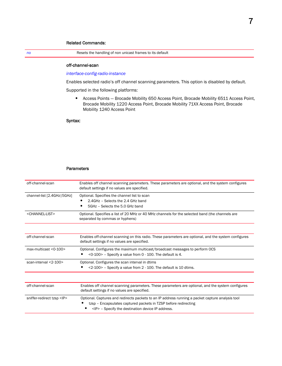 Off-channel-scan | Brocade Mobility RFS Controller CLI Reference Guide (Supporting software release 5.5.0.0 and later) User Manual | Page 728 / 1355