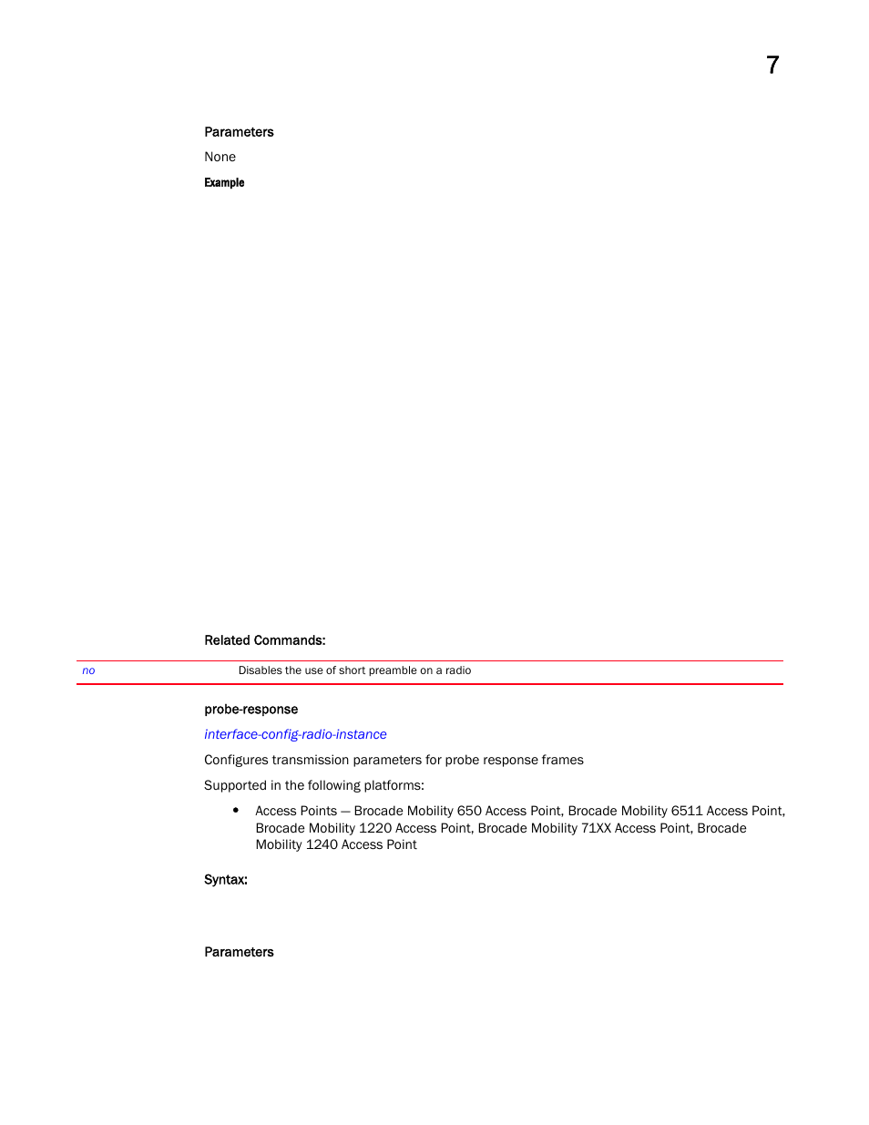 Probe-response | Brocade Mobility RFS Controller CLI Reference Guide (Supporting software release 5.5.0.0 and later) User Manual | Page 732 / 1355