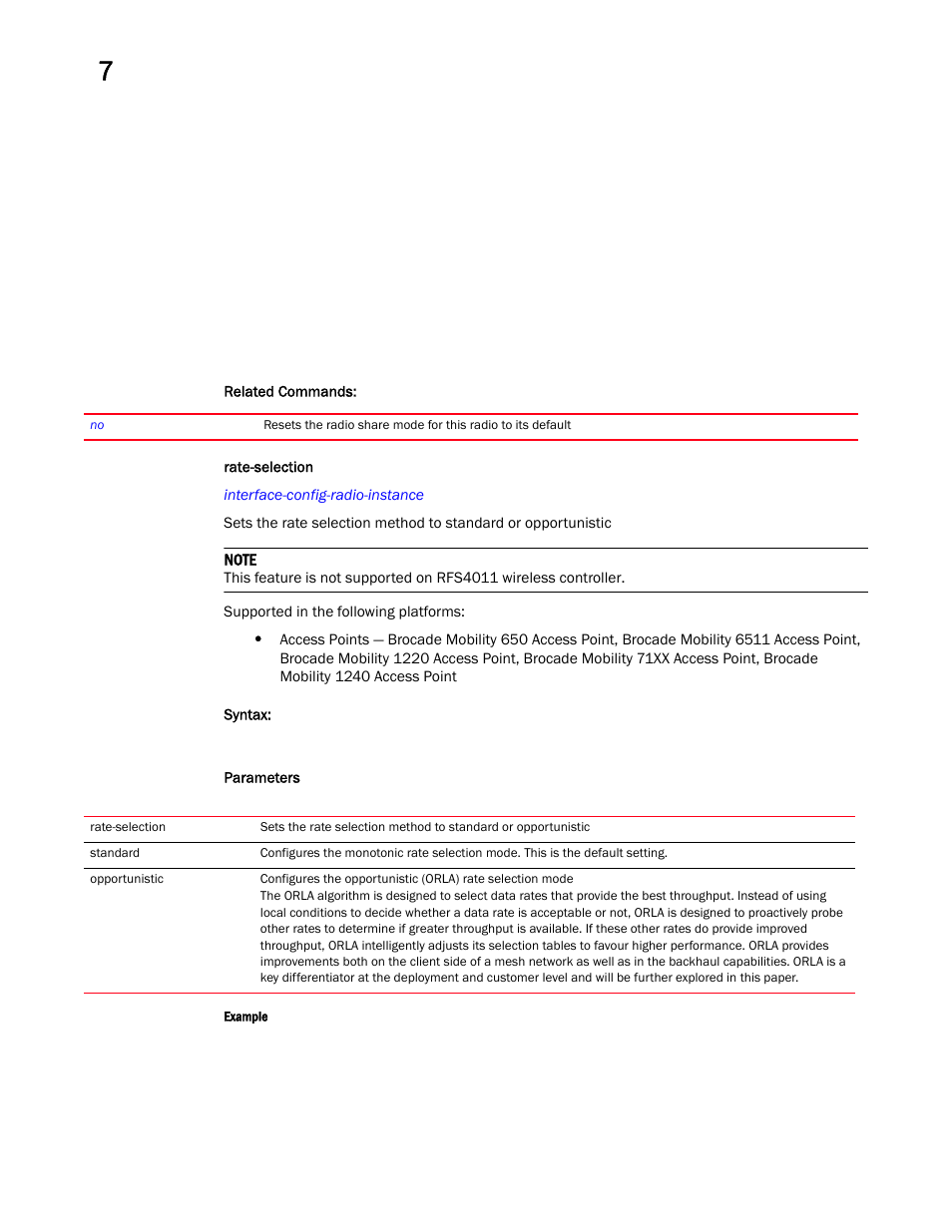 Rate-selection | Brocade Mobility RFS Controller CLI Reference Guide (Supporting software release 5.5.0.0 and later) User Manual | Page 735 / 1355