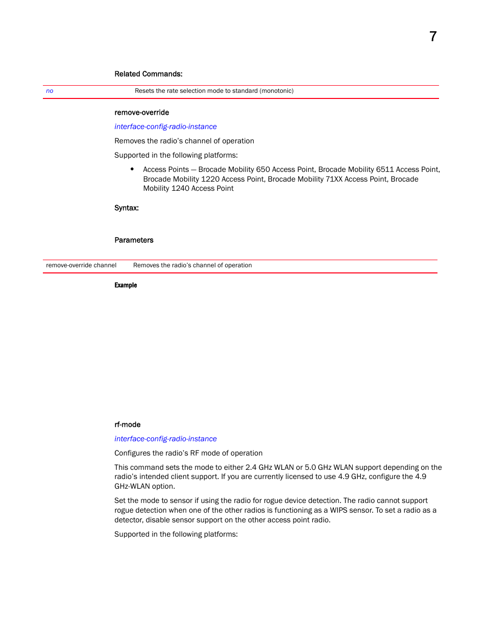 Remove-override, Rf-mode | Brocade Mobility RFS Controller CLI Reference Guide (Supporting software release 5.5.0.0 and later) User Manual | Page 736 / 1355
