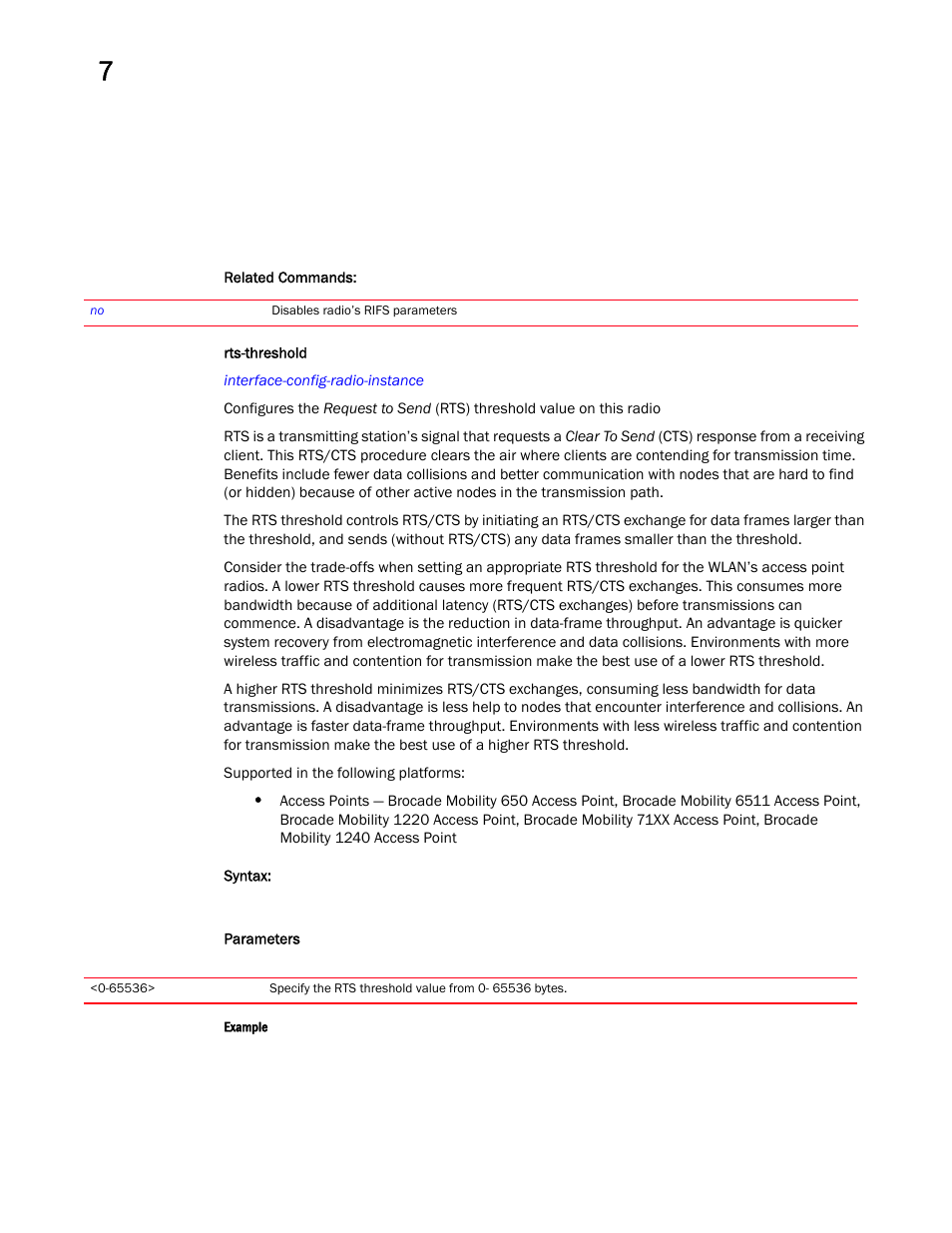 Rts-threshold | Brocade Mobility RFS Controller CLI Reference Guide (Supporting software release 5.5.0.0 and later) User Manual | Page 739 / 1355