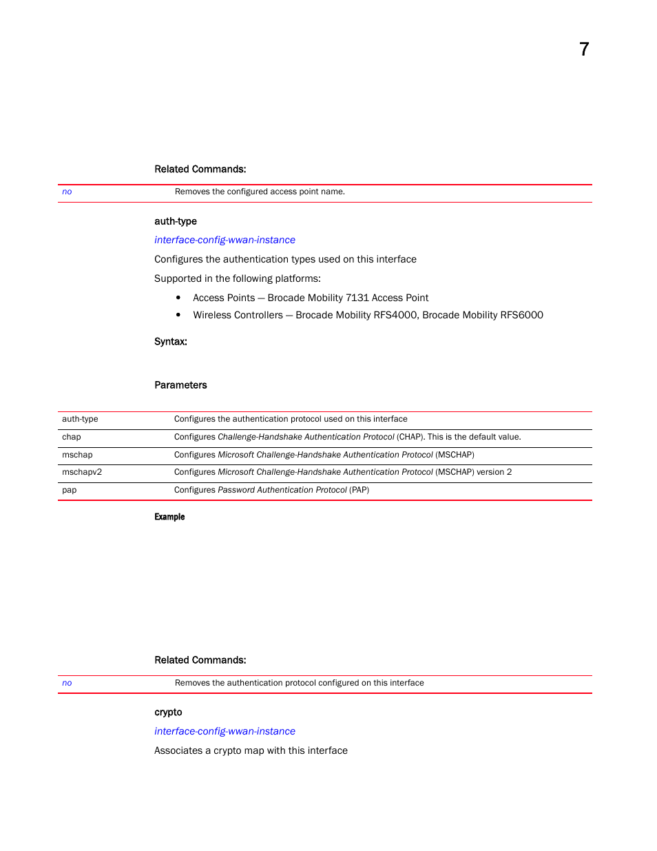 Auth-type, Crypto | Brocade Mobility RFS Controller CLI Reference Guide (Supporting software release 5.5.0.0 and later) User Manual | Page 748 / 1355