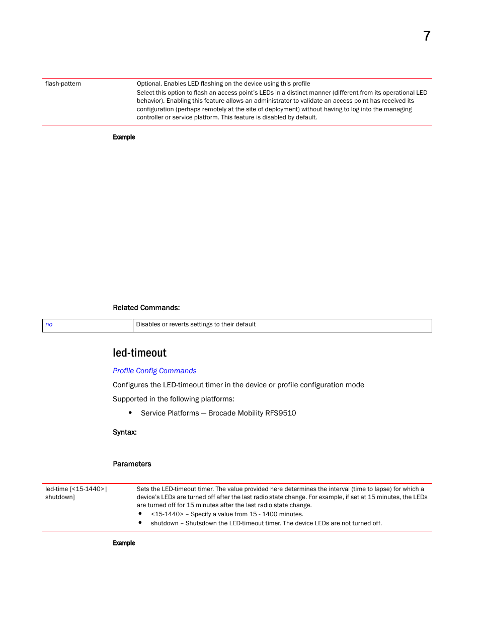 Led-timeout | Brocade Mobility RFS Controller CLI Reference Guide (Supporting software release 5.5.0.0 and later) User Manual | Page 768 / 1355