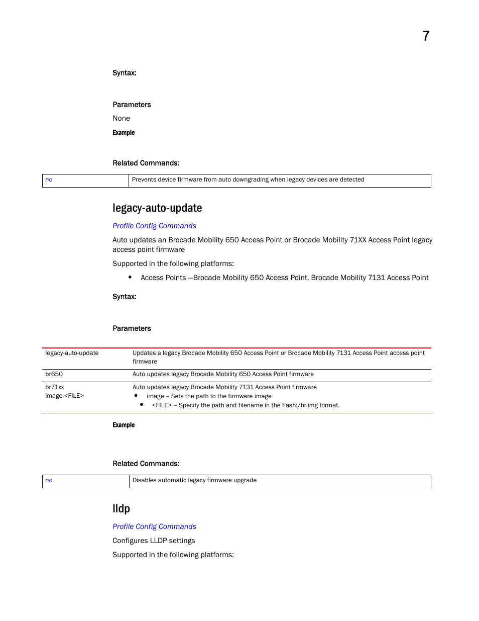 Legacy-auto-update, Lldp | Brocade Mobility RFS Controller CLI Reference Guide (Supporting software release 5.5.0.0 and later) User Manual | Page 770 / 1355