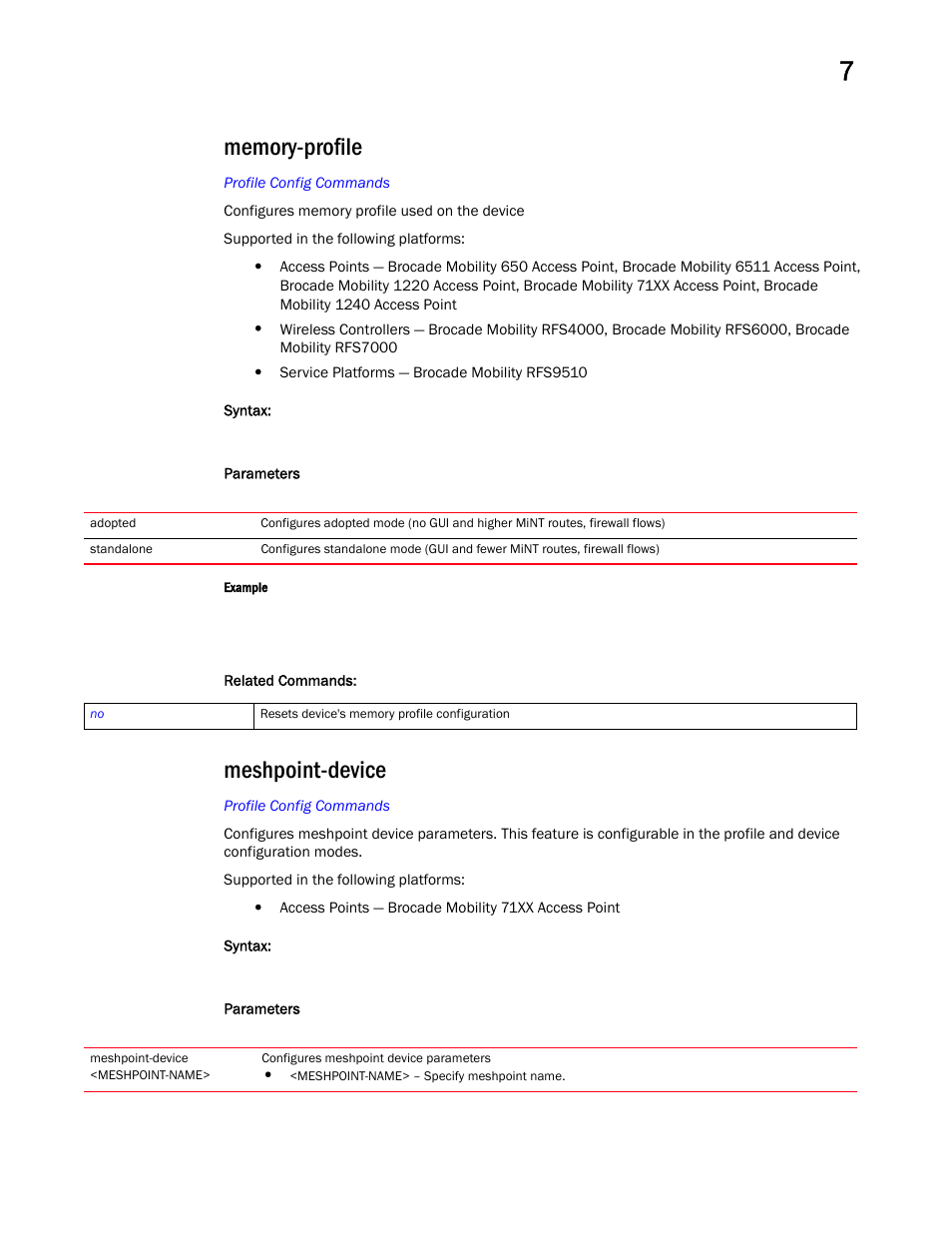 Memory-profile, Meshpoint-device | Brocade Mobility RFS Controller CLI Reference Guide (Supporting software release 5.5.0.0 and later) User Manual | Page 782 / 1355