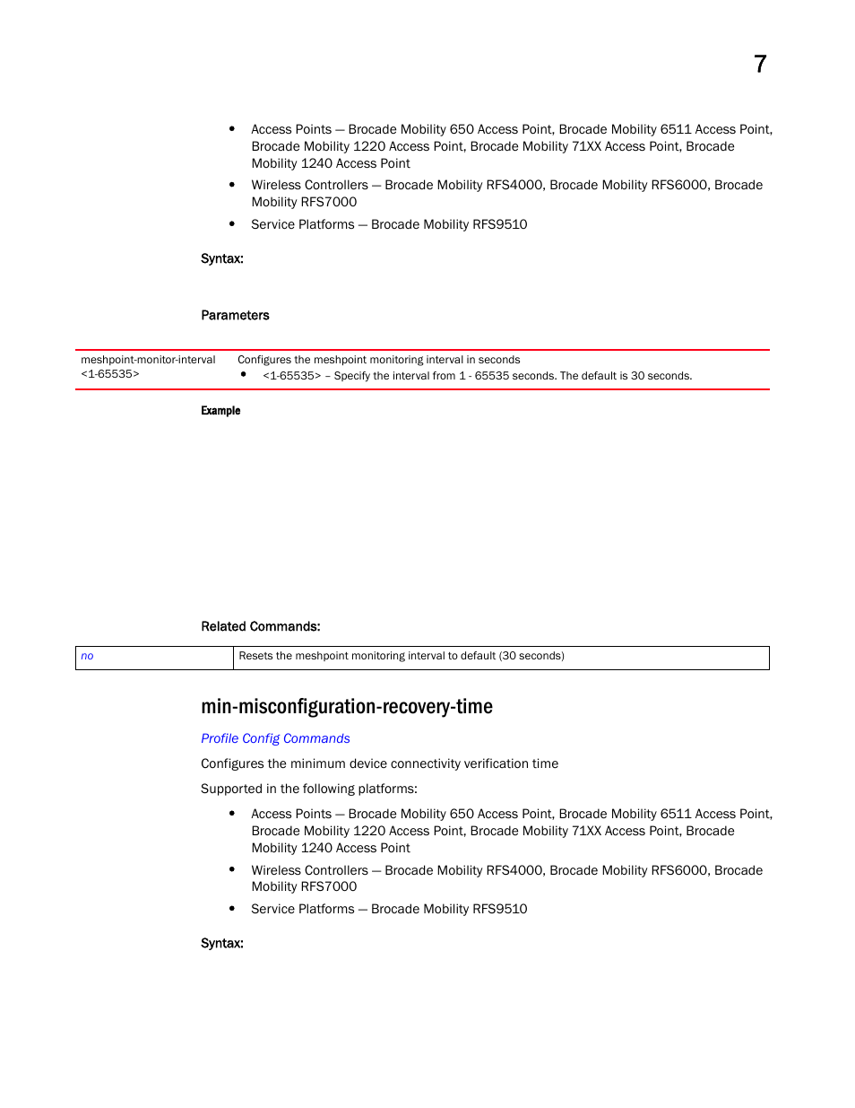 Min-misconfiguration-recovery-time, Min-misconfiguratio n-recovery-time | Brocade Mobility RFS Controller CLI Reference Guide (Supporting software release 5.5.0.0 and later) User Manual | Page 784 / 1355