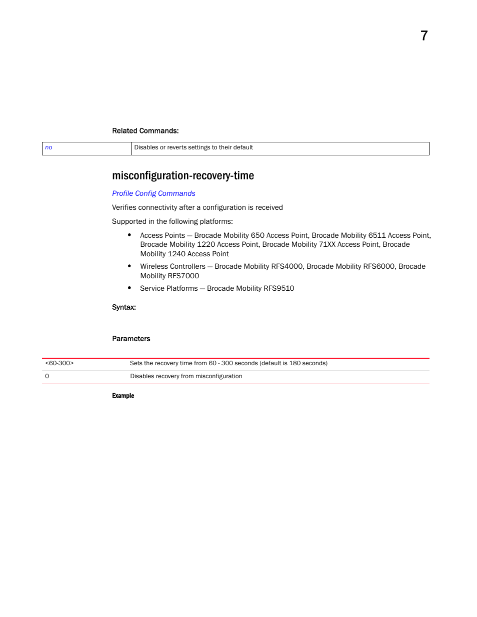 Misconfiguration-recovery-time, Misconfiguration-rec overy-time | Brocade Mobility RFS Controller CLI Reference Guide (Supporting software release 5.5.0.0 and later) User Manual | Page 788 / 1355