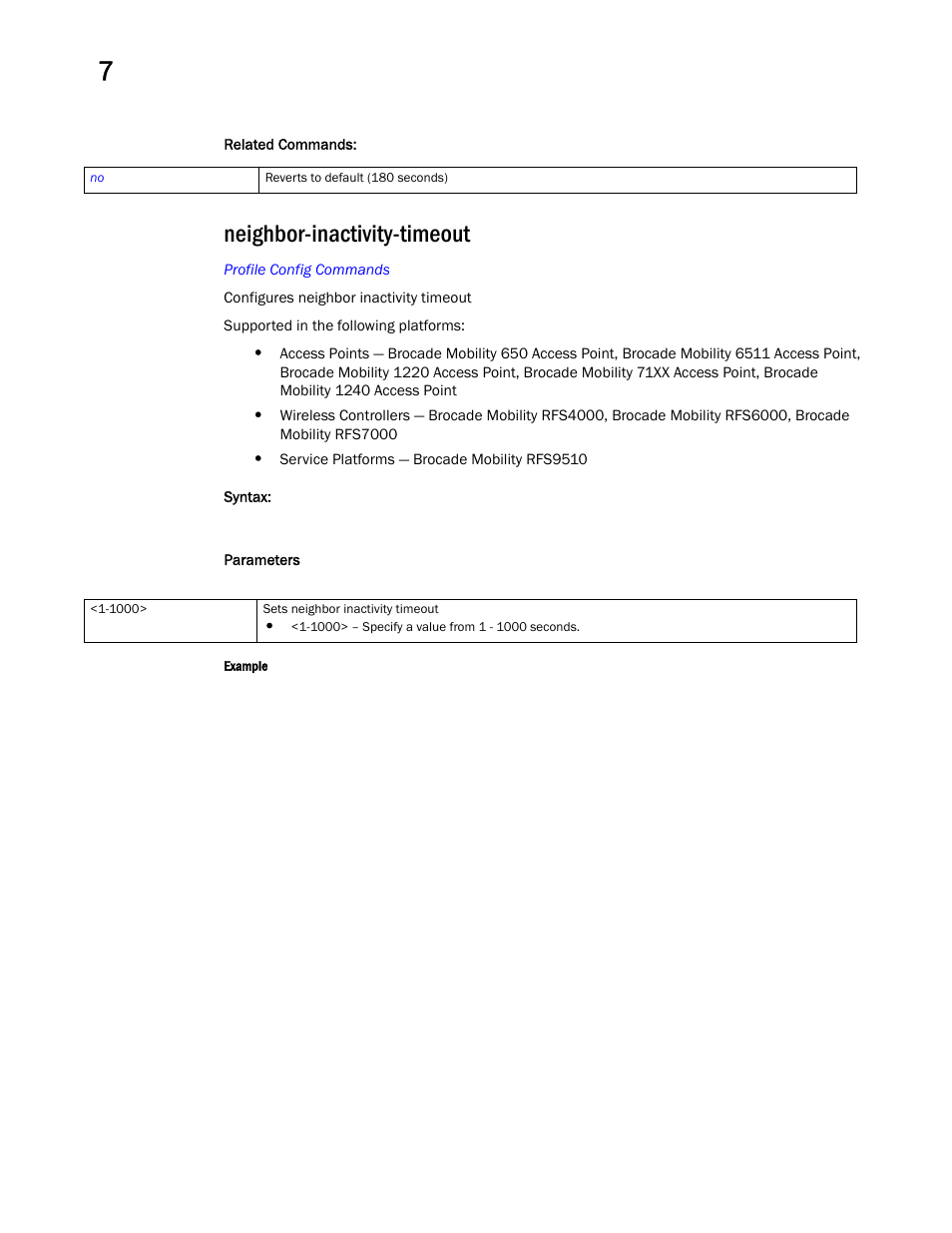 Neighbor-inactivity-timeout, Neighbor-inactivity-ti meout | Brocade Mobility RFS Controller CLI Reference Guide (Supporting software release 5.5.0.0 and later) User Manual | Page 789 / 1355