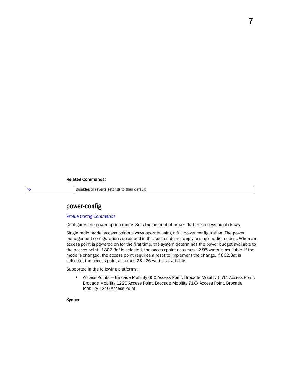 Power-config | Brocade Mobility RFS Controller CLI Reference Guide (Supporting software release 5.5.0.0 and later) User Manual | Page 796 / 1355