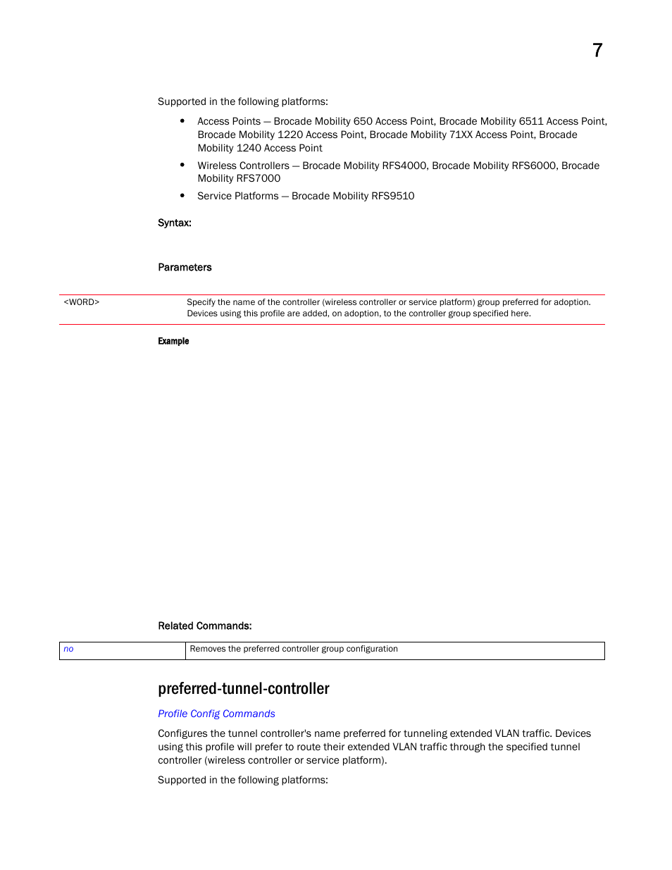 Preferred-tunnel-controller, Preferred-tunnel-con troller | Brocade Mobility RFS Controller CLI Reference Guide (Supporting software release 5.5.0.0 and later) User Manual | Page 798 / 1355