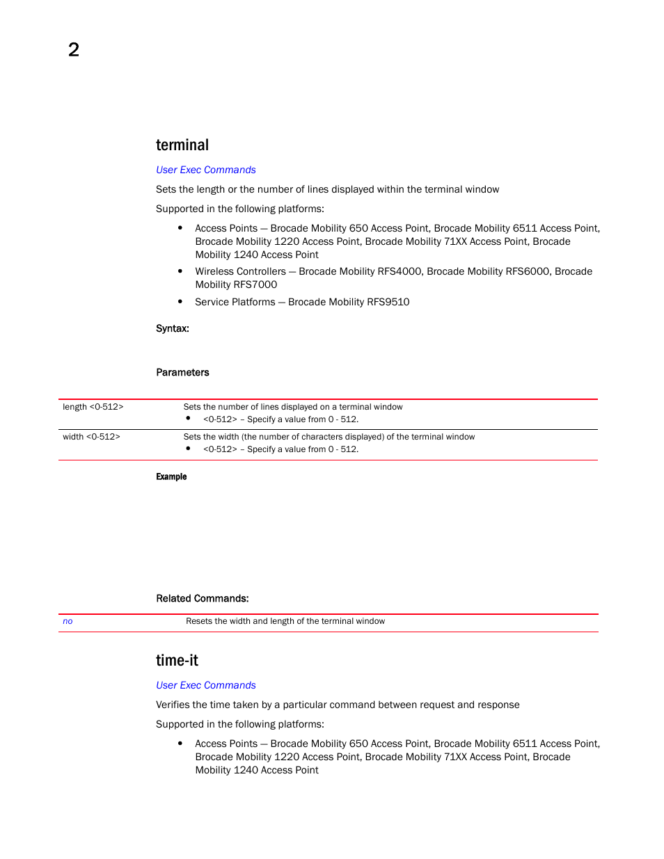 Terminal, Time-it | Brocade Mobility RFS Controller CLI Reference Guide (Supporting software release 5.5.0.0 and later) User Manual | Page 80 / 1355