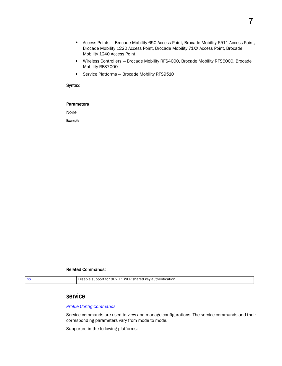 Service | Brocade Mobility RFS Controller CLI Reference Guide (Supporting software release 5.5.0.0 and later) User Manual | Page 812 / 1355