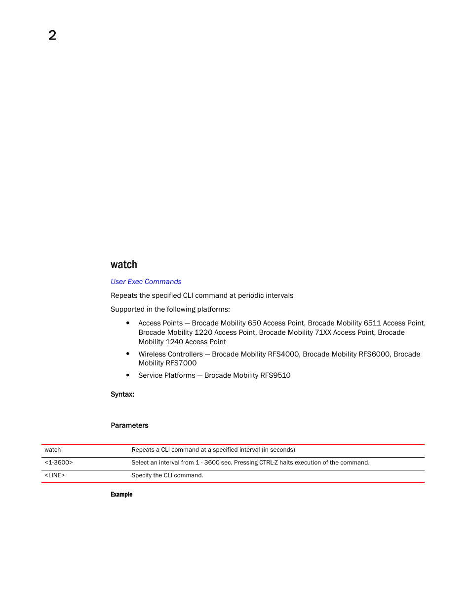 Watch | Brocade Mobility RFS Controller CLI Reference Guide (Supporting software release 5.5.0.0 and later) User Manual | Page 82 / 1355