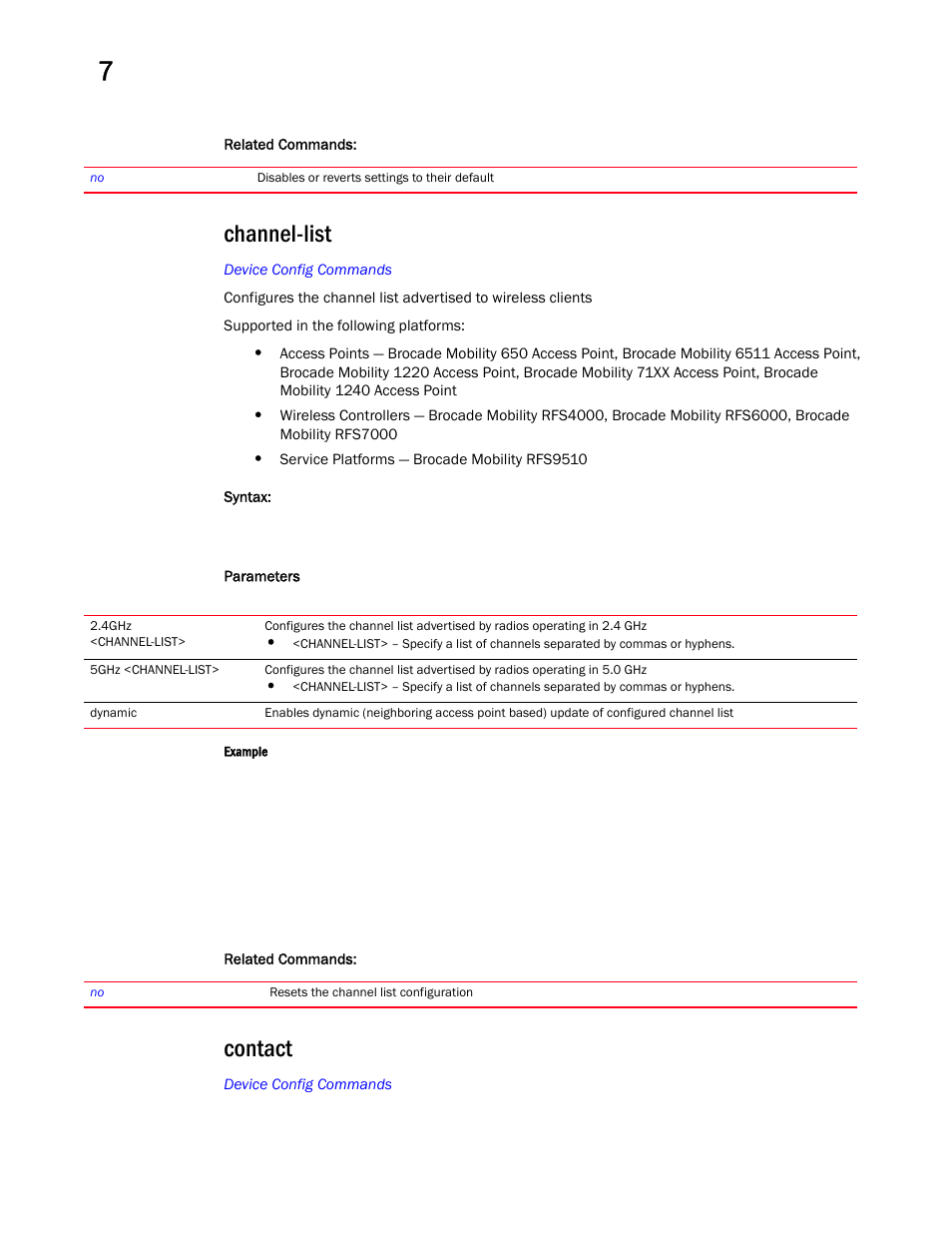 Channel-list, Contact | Brocade Mobility RFS Controller CLI Reference Guide (Supporting software release 5.5.0.0 and later) User Manual | Page 823 / 1355